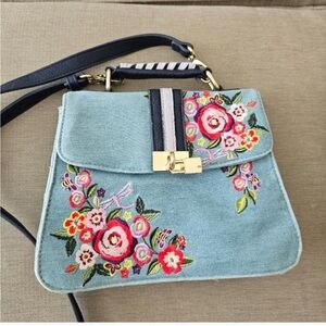 Floozie crossbody bag by Frost French blue denim jean embroidered floral